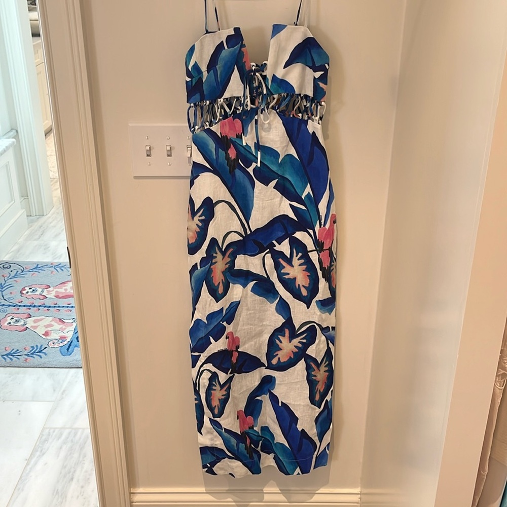 COPY - BLUE FOLIAGE LINEN LACE UP MAXI DRESS